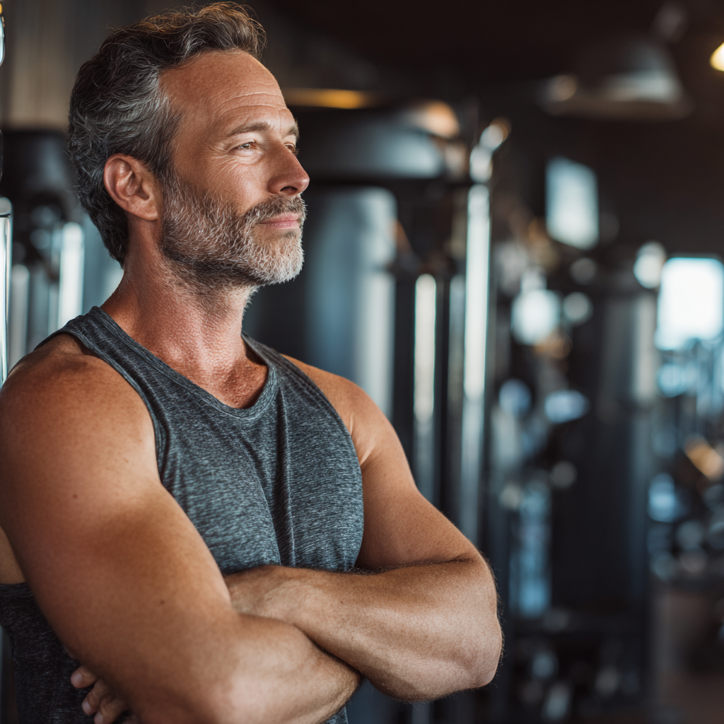 middle-aged person exercising with confidence in modern gym